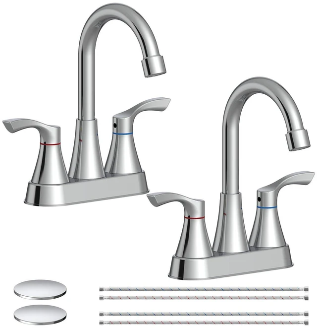 Main image of 2 Pack Chrome Bathroom Faucet 3 Hole 4 Inch Bathroom Sink Faucets Stainless Steel 2 Handle Centerset Faucet for Bathroom Sink Vanity with Pop Up Drain and 4 Supply Hoses by