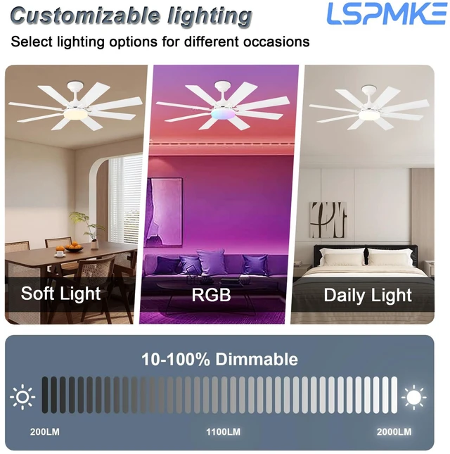 Alt view image 4 of 7 - Ceiling Fan With Light & Remote Indoor/Outdoor Use 52 Inch White Reversible DC Motor,3CCT, Dimmable, Timer, Noiseless,Ceiling Fan for Bedroom Living Room
