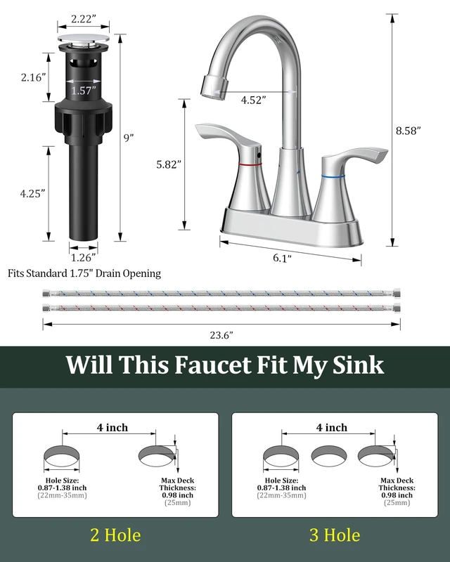 Alt view image 6 of 7 - 2 Pack Chrome Bathroom Faucet 3 Hole 4 Inch Bathroom Sink Faucets Stainless Steel 2 Handle Centerset Faucet for Bathroom Sink Vanity with Pop Up Drain and 4 Supply Hoses by