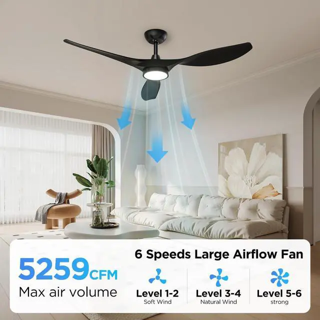 Alt view image 7 of 7 - 52'' Modern Ceiling Fan with Light, Wide Blade Design, Remote DC Motor,Reversible,Color Adjustable,Dimmable,Led Light,6 Speeds,3 Timers,Modern,Plastic,Bedrooms, Living rooms,Indoor