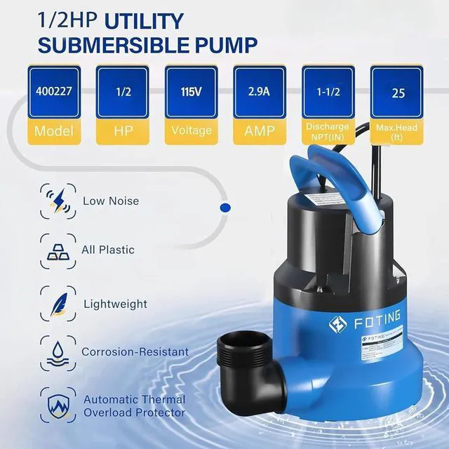 Alt view image 5 of 7 - 1/2HP Submersible Water Pump with Stainless Steel Base - Removes Water to 0.04" Depth, 2450GPH Portable Sump Pump for Puddles, Pools, Boats, Gardens & Ponds - 10Ft Cord Included