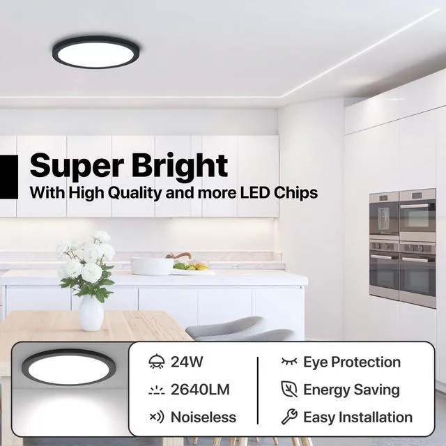Alt view image 5 of 7 - 12 Inch Black LED Flush Mount Ceiling Light Fixture (6 Pcs) 24W 2640LM, Dimmable Light, Energy-Efficient & Cost-Saving Eye Care, Close to Natural Light, for Bedroom, Kitchen, Bathroom