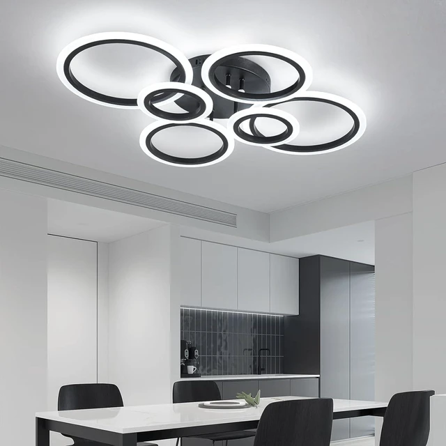 Alt view image 2 of 7 - 6 Rings Black Modern LED Ceiling Light Fixture, Flush Mount Ceiling Light with Remote Dimmable Brightness, Adjustable 3000-6000K Color Temperature, Timer for Living Room, Bedroom