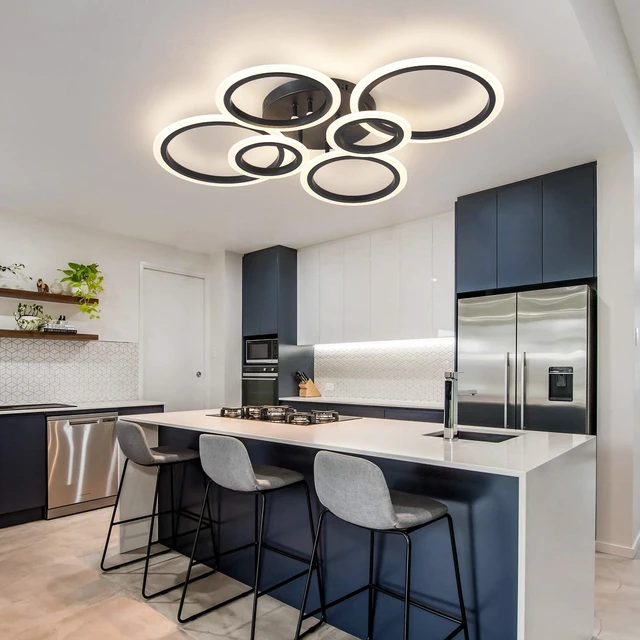 Alt view image 3 of 7 - 6 Rings Black Modern LED Ceiling Light Fixture, Flush Mount Ceiling Light with Remote Dimmable Brightness, Adjustable 3000-6000K Color Temperature, Timer for Living Room, Bedroom