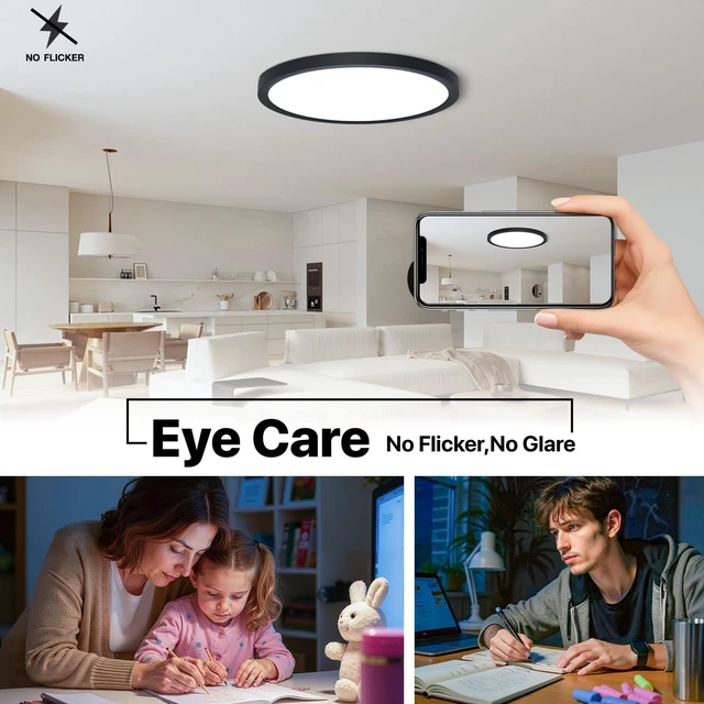 Alt view image 7 of 7 - 12 Inch Black LED Flush Mount Ceiling Light Fixture (6 Pcs) 24W 2640LM, Dimmable Light, Energy-Efficient & Cost-Saving Eye Care, Close to Natural Light, for Bedroom, Kitchen, Bathroom