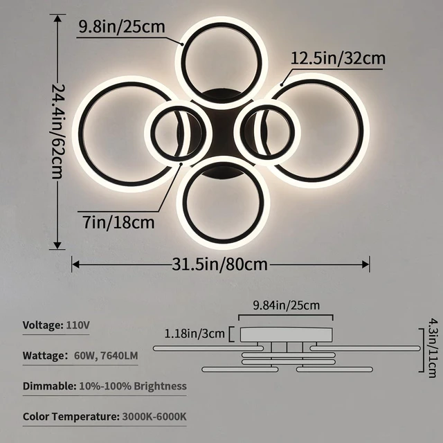 Alt view image 4 of 7 - 6 Rings Black Modern LED Ceiling Light Fixture, Flush Mount Ceiling Light with Remote Dimmable Brightness, Adjustable 3000-6000K Color Temperature, Timer for Living Room, Bedroom