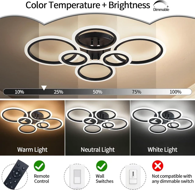 Alt view image 5 of 7 - 6 Rings Black Modern LED Ceiling Light Fixture, Flush Mount Ceiling Light with Remote Dimmable Brightness, Adjustable 3000-6000K Color Temperature, Timer for Living Room, Bedroom
