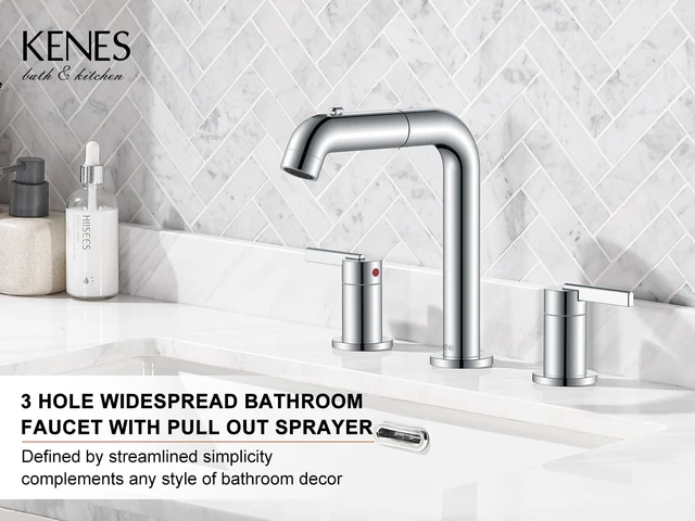 Alt view image 2 of 7 - Chrome Pull Down Widespread Bathroom Faucet 8 Inch 2 Handle 3 Hole Pull Out Bathroom Faucet with Pop Up Drain & Supply Lines, Lead-Free cUPC & NSF Certified, 8 Inch Faucet for Vanity RV Sink
