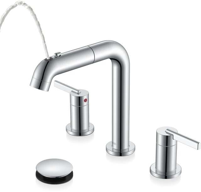 Main image of Chrome Pull Down Widespread Bathroom Faucet 8 Inch 2 Handle 3 Hole Pull Out Bathroom Faucet with Pop Up Drain & Supply Lines, Lead-Free cUPC & NSF Certified, 8 Inch Faucet for Vanity RV Sink