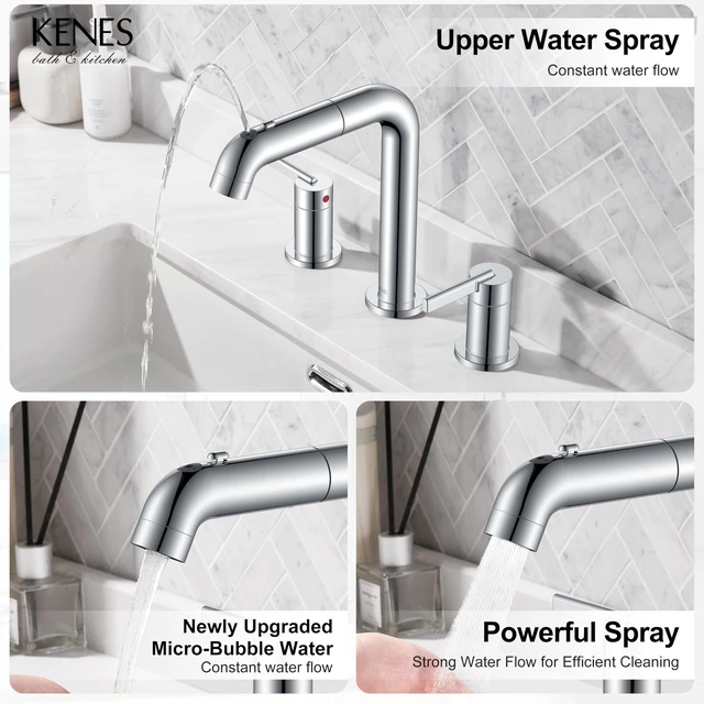 Alt view image 3 of 7 - Chrome Pull Down Widespread Bathroom Faucet 8 Inch 2 Handle 3 Hole Pull Out Bathroom Faucet with Pop Up Drain & Supply Lines, Lead-Free cUPC & NSF Certified, 8 Inch Faucet for Vanity RV Sink