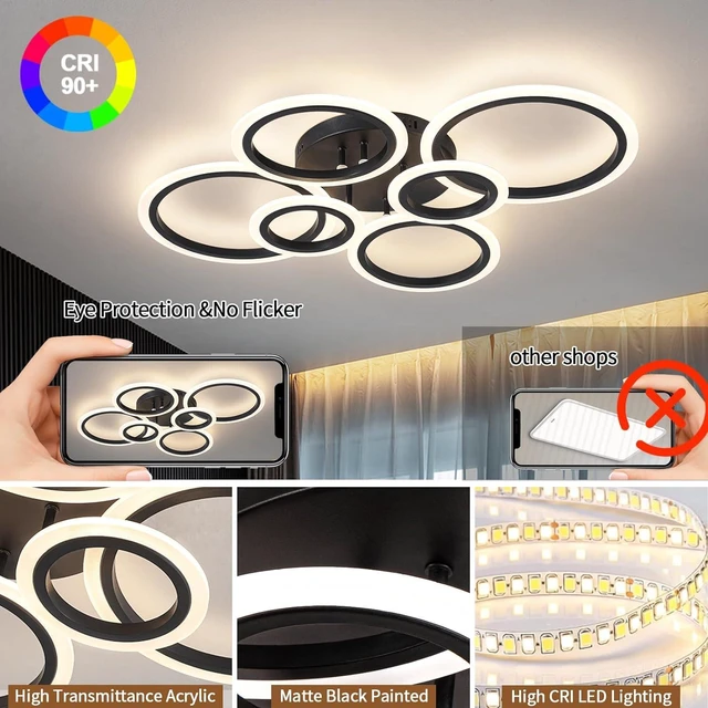Alt view image 6 of 7 - 6 Rings Black Modern LED Ceiling Light Fixture, Flush Mount Ceiling Light with Remote Dimmable Brightness, Adjustable 3000-6000K Color Temperature, Timer for Living Room, Bedroom