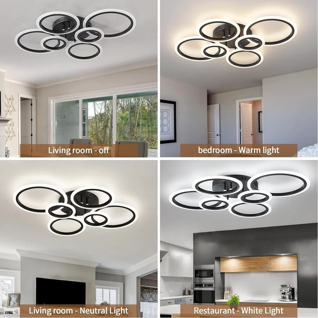 Alt view image 7 of 7 - 6 Rings Black Modern LED Ceiling Light Fixture, Flush Mount Ceiling Light with Remote Dimmable Brightness, Adjustable 3000-6000K Color Temperature, Timer for Living Room, Bedroom
