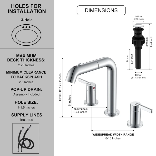 Alt view image 6 of 7 - Chrome Pull Down Widespread Bathroom Faucet 8 Inch 2 Handle 3 Hole Pull Out Bathroom Faucet with Pop Up Drain & Supply Lines, Lead-Free cUPC & NSF Certified, 8 Inch Faucet for Vanity RV Sink