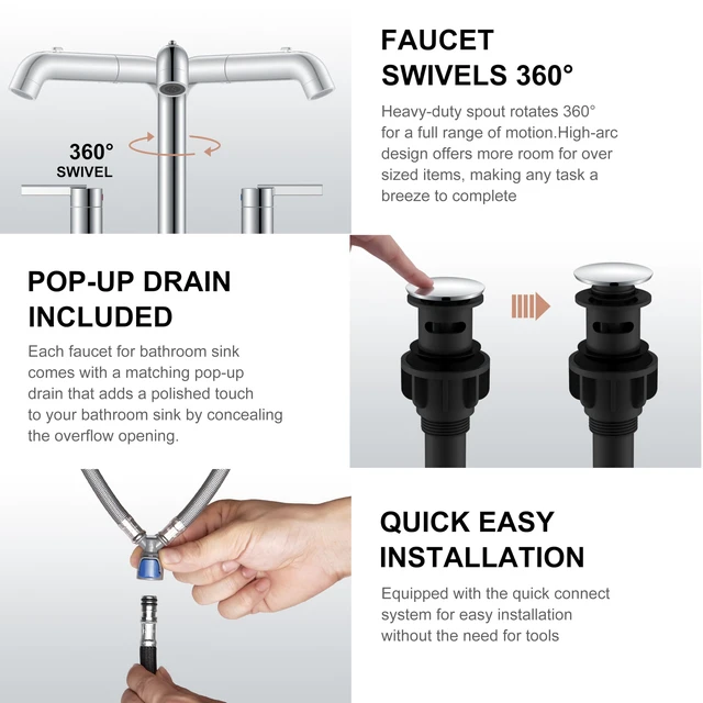 Alt view image 7 of 7 - Chrome Pull Down Widespread Bathroom Faucet 8 Inch 2 Handle 3 Hole Pull Out Bathroom Faucet with Pop Up Drain & Supply Lines, Lead-Free cUPC & NSF Certified, 8 Inch Faucet for Vanity RV Sink