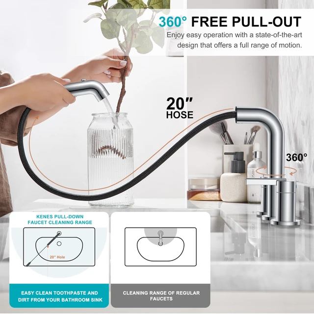 Alt view image 5 of 7 - Chrome Pull Down Widespread Bathroom Faucet 8 Inch 2 Handle 3 Hole Pull Out Bathroom Faucet with Pop Up Drain & Supply Lines, Lead-Free cUPC & NSF Certified, 8 Inch Faucet for Vanity RV Sink