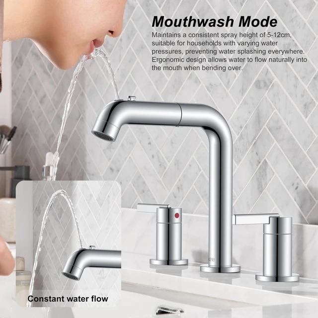 Alt view image 4 of 7 - Chrome Pull Down Widespread Bathroom Faucet 8 Inch 2 Handle 3 Hole Pull Out Bathroom Faucet with Pop Up Drain & Supply Lines, Lead-Free cUPC & NSF Certified, 8 Inch Faucet for Vanity RV Sink