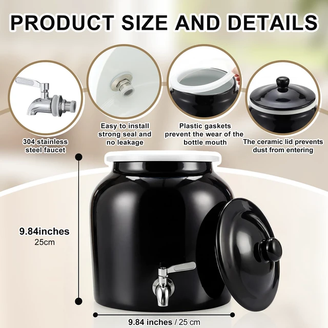 Alt view image 2 of 6 - Ceramic Crock Water Dispenser, Regular Style, Black, 1 Set Fits 3 to 5 Gallon Jug, Metal Spigot Tap, Decorative Design, Ideal for Home Kitchen Office Party Beverage Serving Station