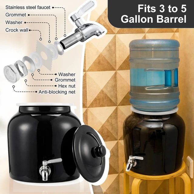 Alt view image 3 of 6 - Ceramic Crock Water Dispenser, Regular Style, Black, 1 Set Fits 3 to 5 Gallon Jug, Metal Spigot Tap, Decorative Design, Ideal for Home Kitchen Office Party Beverage Serving Station