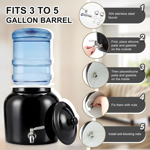 Alt view image 4 of 6 - Ceramic Crock Water Dispenser, Regular Style, Black, 1 Set Fits 3 to 5 Gallon Jug, Metal Spigot Tap, Decorative Design, Ideal for Home Kitchen Office Party Beverage Serving Station