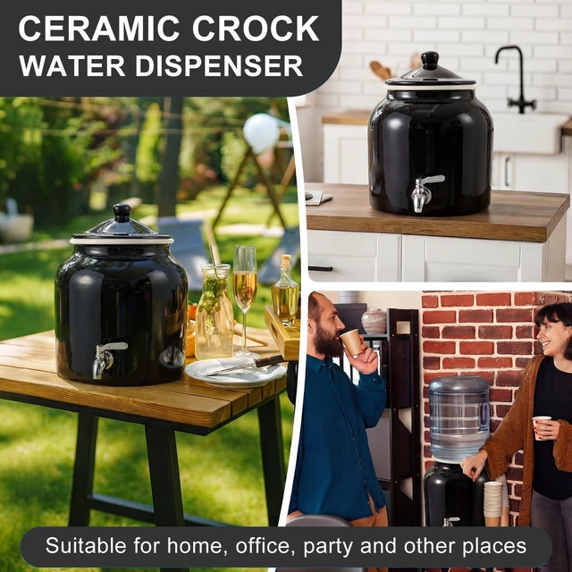 Alt view image 5 of 6 - Ceramic Crock Water Dispenser, Regular Style, Black, 1 Set Fits 3 to 5 Gallon Jug, Metal Spigot Tap, Decorative Design, Ideal for Home Kitchen Office Party Beverage Serving Station