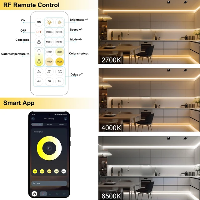 Alt view image 4 of 6 - CCT COB LED Strip Lights, 49ft Dimmable 2700K-6500K 24V Tunable White LED Light Strip Kit, High Density CRI 90+ LED Strips with Remote Controller and Power Supply, for Bedroom Kitchen Home Lighting