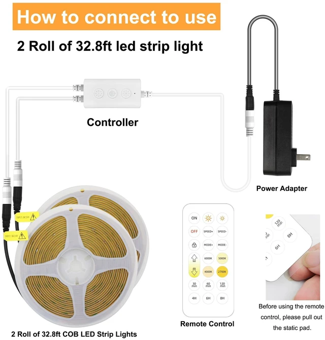 Alt view image 3 of 6 - CCT COB LED Strip Lights, 65.6ft Dimmable 2700K-6500K 24V Tunable White LED Light Strip Kit, High Density CRI 90+ LED Strips with Remote Controller and Power Supply.2 Rolls of 32.8ft