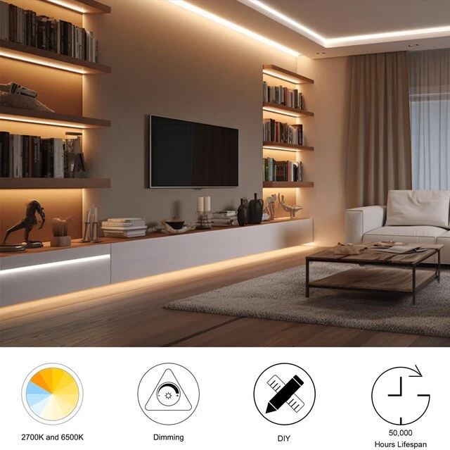 Alt view image 5 of 6 - CCT COB LED Strip Lights, 49ft Dimmable 2700K-6500K 24V Tunable White LED Light Strip Kit, High Density CRI 90+ LED Strips with Remote Controller and Power Supply, for Bedroom Kitchen Home Lighting
