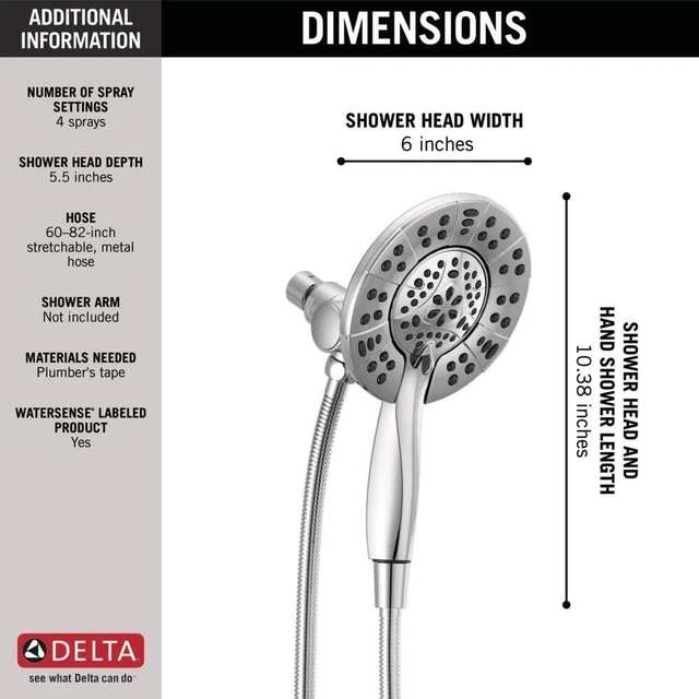 Alt view image 3 of 6 - 4-Setting In2ition 2-in-1 Dual Shower Head with HandHeld Spray, Chrome Detachable Shower Head with Hose, Showerhead, 1.75 GPM Flow Rate, Chrome 58499