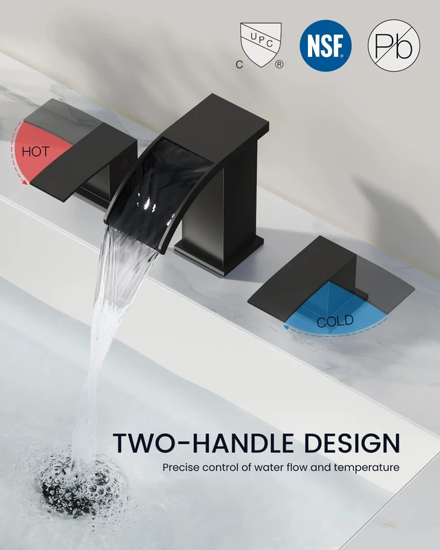 Alt view image 3 of 7 - Waterfall Bathroom Faucet 3 Hole Square Body,Matte Black SUS304 8 Widespread Bathroom Sink Faucet,2.17 Wide Spout,24 cUPC Hose,Pop Up Drain,2 Handle,Vanity,Lavatory,Basin,RV