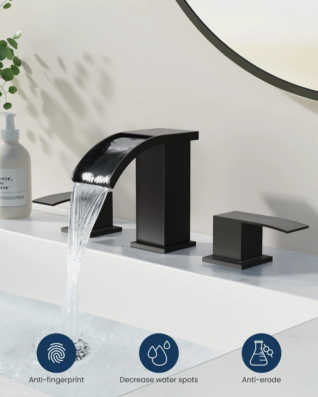 Alt view image 2 of 7 - Waterfall Bathroom Faucet 3 Hole Square Body,Matte Black SUS304 8 Widespread Bathroom Sink Faucet,2.17 Wide Spout,24 cUPC Hose,Pop Up Drain,2 Handle,Vanity,Lavatory,Basin,RV