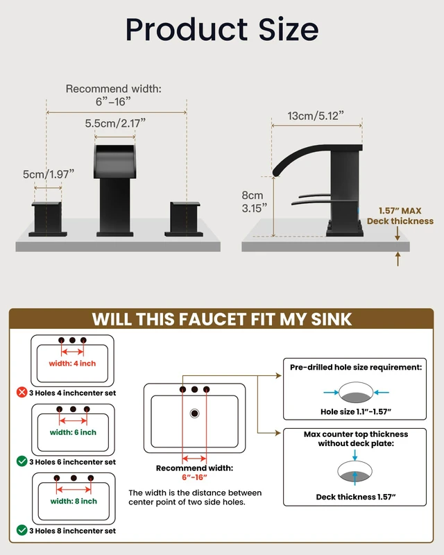 Alt view image 7 of 7 - Waterfall Bathroom Faucet 3 Hole Square Body,Matte Black SUS304 8 Widespread Bathroom Sink Faucet,2.17 Wide Spout,24 cUPC Hose,Pop Up Drain,2 Handle,Vanity,Lavatory,Basin,RV