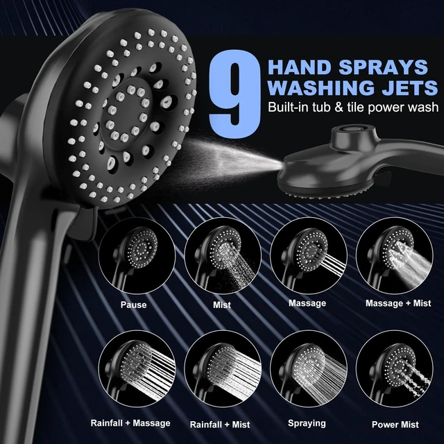 Alt view image 4 of 7 - 12 Inch High Pressure Rainfall Shower Head Combo,9 Settings Handheld Shower Height/Angle Adjustable, 3 Spray Modes, Anti-leak, Built-in Magnetic Docking,Washing Jets,Holder, 59" Shower Hose, 1.75GPM