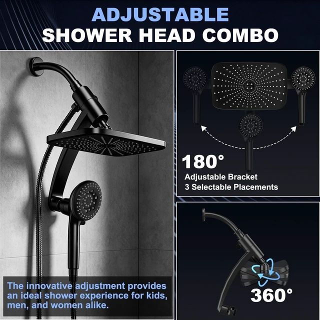 Alt view image 6 of 7 - 12 Inch High Pressure Rainfall Shower Head Combo,9 Settings Handheld Shower Height/Angle Adjustable, 3 Spray Modes, Anti-leak, Built-in Magnetic Docking,Washing Jets,Holder, 59" Shower Hose, 1.75GPM