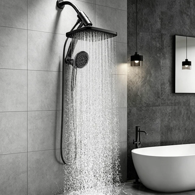 Alt view image 2 of 7 - 12 Inch High Pressure Rainfall Shower Head Combo,9 Settings Handheld Shower Height/Angle Adjustable, 3 Spray Modes, Anti-leak, Built-in Magnetic Docking,Washing Jets,Holder, 59" Shower Hose, 1.75GPM