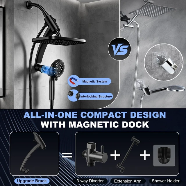 Alt view image 5 of 7 - 12 Inch High Pressure Rainfall Shower Head Combo,9 Settings Handheld Shower Height/Angle Adjustable, 3 Spray Modes, Anti-leak, Built-in Magnetic Docking,Washing Jets,Holder, 59" Shower Hose, 1.75GPM
