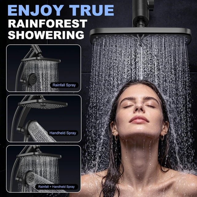 Alt view image 7 of 7 - 12 Inch High Pressure Rainfall Shower Head Combo,9 Settings Handheld Shower Height/Angle Adjustable, 3 Spray Modes, Anti-leak, Built-in Magnetic Docking,Washing Jets,Holder, 59" Shower Hose, 1.75GPM