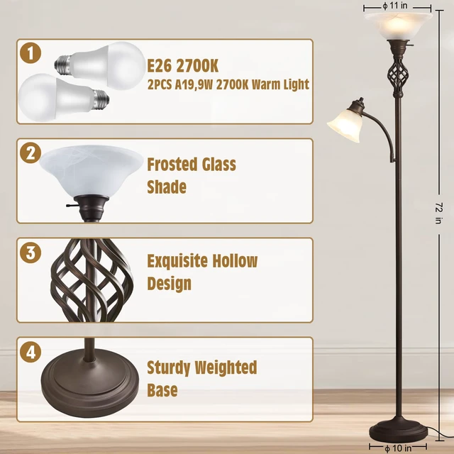 Alt view image 2 of 6 - Torchiere Floor Lamp for Living Room, LED Standing Reading Light Glass Lampshade,72" Vintage Tall Lamps for Bedroom Corner Home Office, Bulbs Included