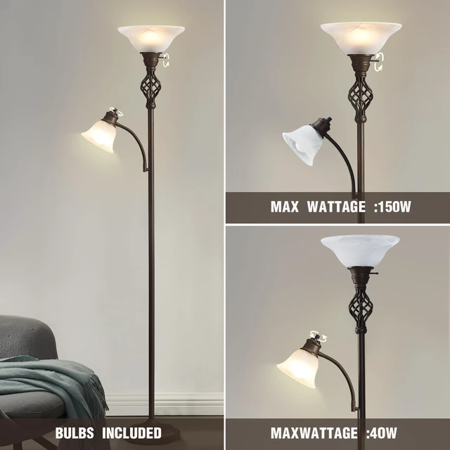 Alt view image 3 of 6 - Torchiere Floor Lamp for Living Room, LED Standing Reading Light Glass Lampshade,72" Vintage Tall Lamps for Bedroom Corner Home Office, Bulbs Included