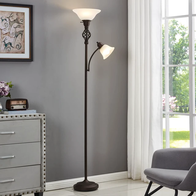 Alt view image 4 of 6 - Torchiere Floor Lamp for Living Room, LED Standing Reading Light Glass Lampshade,72" Vintage Tall Lamps for Bedroom Corner Home Office, Bulbs Included