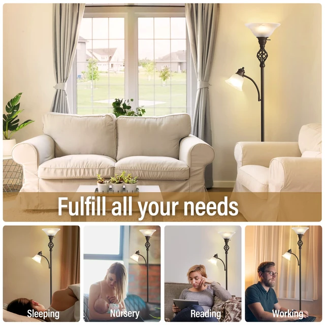 Alt view image 6 of 6 - Torchiere Floor Lamp for Living Room, LED Standing Reading Light Glass Lampshade,72" Vintage Tall Lamps for Bedroom Corner Home Office, Bulbs Included