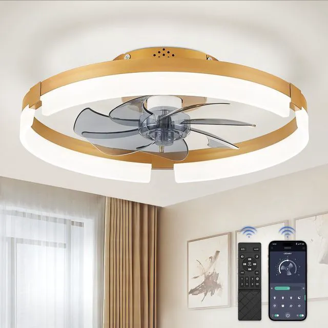 Main image of 19.7" Ceiling Fans with Lights, Low Profile Fandelier for Bedroom Flush Mount Fan Light, Stepless Dimmable, App/Remote Control, 3 CCT Led, 6 Speeds, Quiet Reversible DC Motor, Gold
