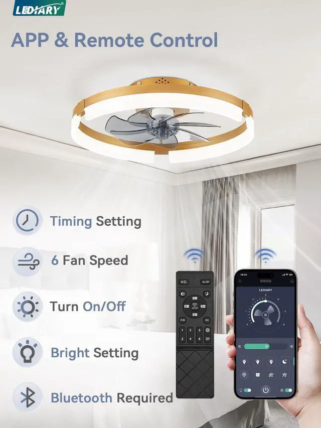 Alt view image 5 of 7 - 19.7" Ceiling Fans with Lights, Low Profile Fandelier for Bedroom Flush Mount Fan Light, Stepless Dimmable, App/Remote Control, 3 CCT Led, 6 Speeds, Quiet Reversible DC Motor, Gold