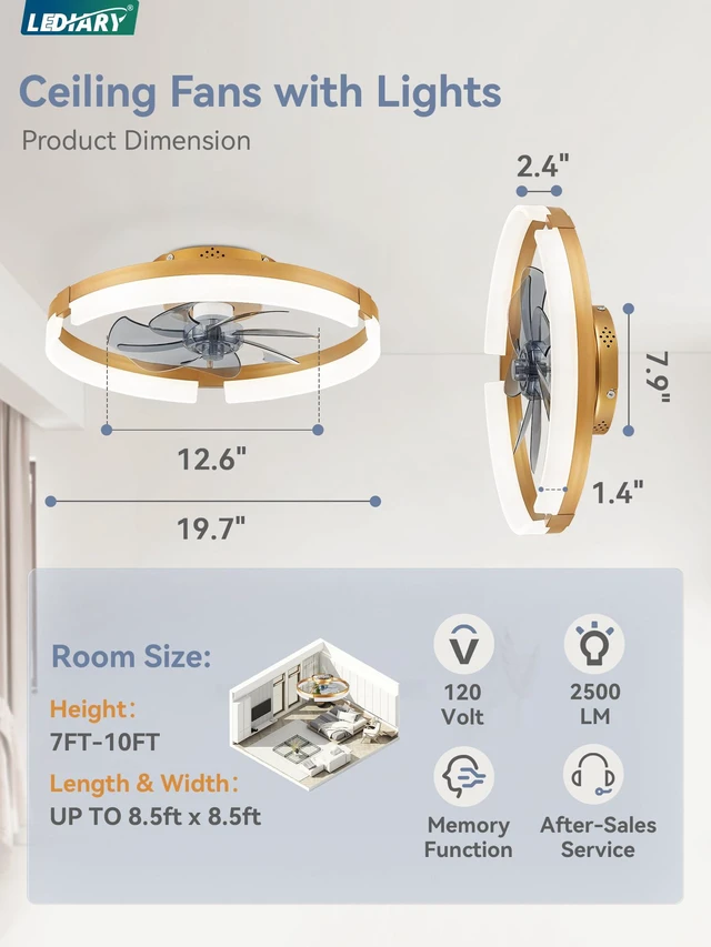 Alt view image 6 of 7 - 19.7" Ceiling Fans with Lights, Low Profile Fandelier for Bedroom Flush Mount Fan Light, Stepless Dimmable, App/Remote Control, 3 CCT Led, 6 Speeds, Quiet Reversible DC Motor, Gold