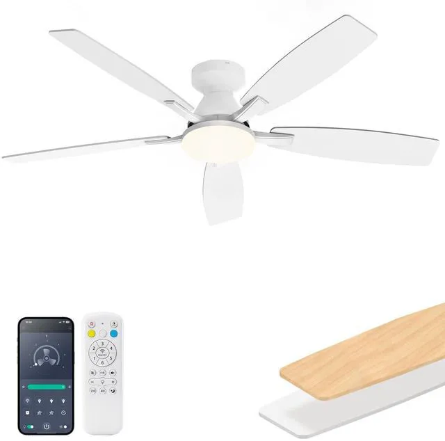 Main image of 52 Inch Ceiling Fans with Lights, Remote & App Control, Quiet Reversible DC Motor, 6 Speeds, Dimmable 3CCT LED Light, Low Profile Flush Mount Ceiling Fan for Bedroom Living Room, White