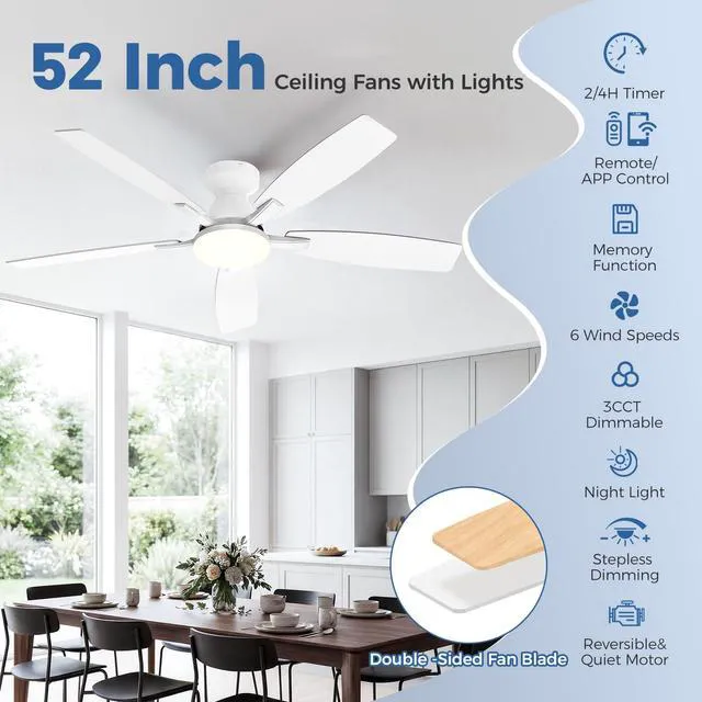 Alt view image 2 of 7 - 52 Inch Ceiling Fans with Lights, Remote & App Control, Quiet Reversible DC Motor, 6 Speeds, Dimmable 3CCT LED Light, Low Profile Flush Mount Ceiling Fan for Bedroom Living Room, White