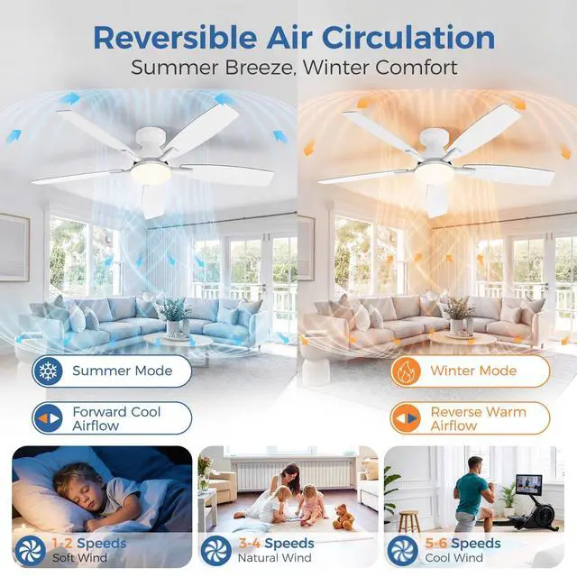 Alt view image 5 of 7 - 52 Inch Ceiling Fans with Lights, Remote & App Control, Quiet Reversible DC Motor, 6 Speeds, Dimmable 3CCT LED Light, Low Profile Flush Mount Ceiling Fan for Bedroom Living Room, White