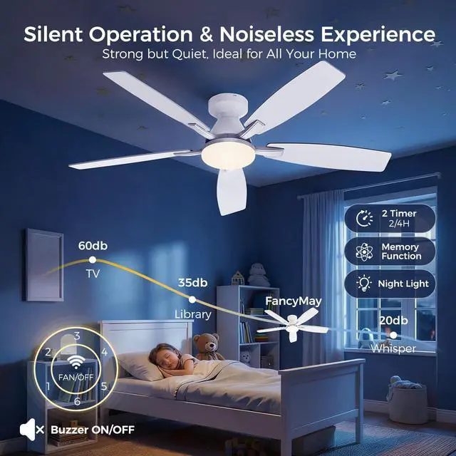 Alt view image 4 of 7 - 52 Inch Ceiling Fans with Lights, Remote & App Control, Quiet Reversible DC Motor, 6 Speeds, Dimmable 3CCT LED Light, Low Profile Flush Mount Ceiling Fan for Bedroom Living Room, White