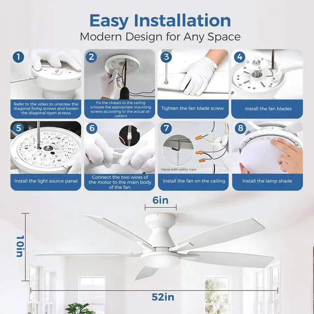 Alt view image 7 of 7 - 52 Inch Ceiling Fans with Lights, Remote & App Control, Quiet Reversible DC Motor, 6 Speeds, Dimmable 3CCT LED Light, Low Profile Flush Mount Ceiling Fan for Bedroom Living Room, White