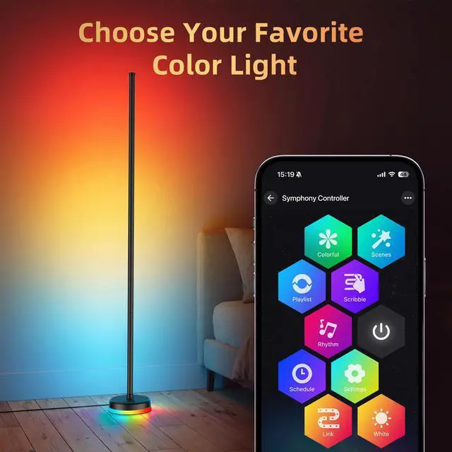 Alt view image 3 of 7 - LED Floor Lamp, 2Packs RGBICWW Corner Floor Lamp with Glowing Base App & Remote Control, 160 Million Colors, 68+ Scenes Color Changing, Ambient Lighting for Bedroom Living Room Home Office