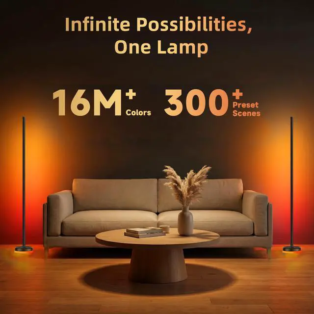 Alt view image 4 of 7 - LED Floor Lamp, 2Packs RGBICWW Corner Floor Lamp with Glowing Base App & Remote Control, 160 Million Colors, 68+ Scenes Color Changing, Ambient Lighting for Bedroom Living Room Home Office